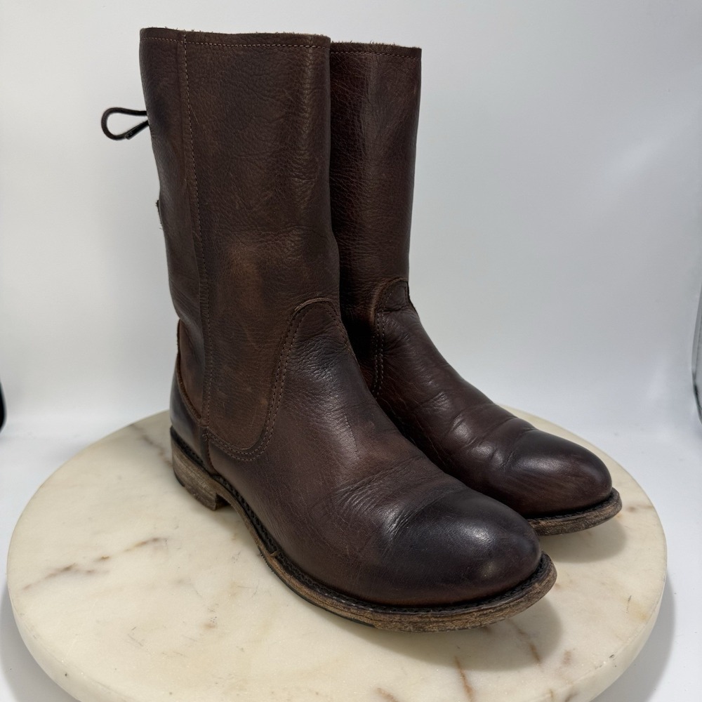 Vintage Shoe Company Leather Back Lace Brown Mid Calf Moto Boots USA Made 6.5M